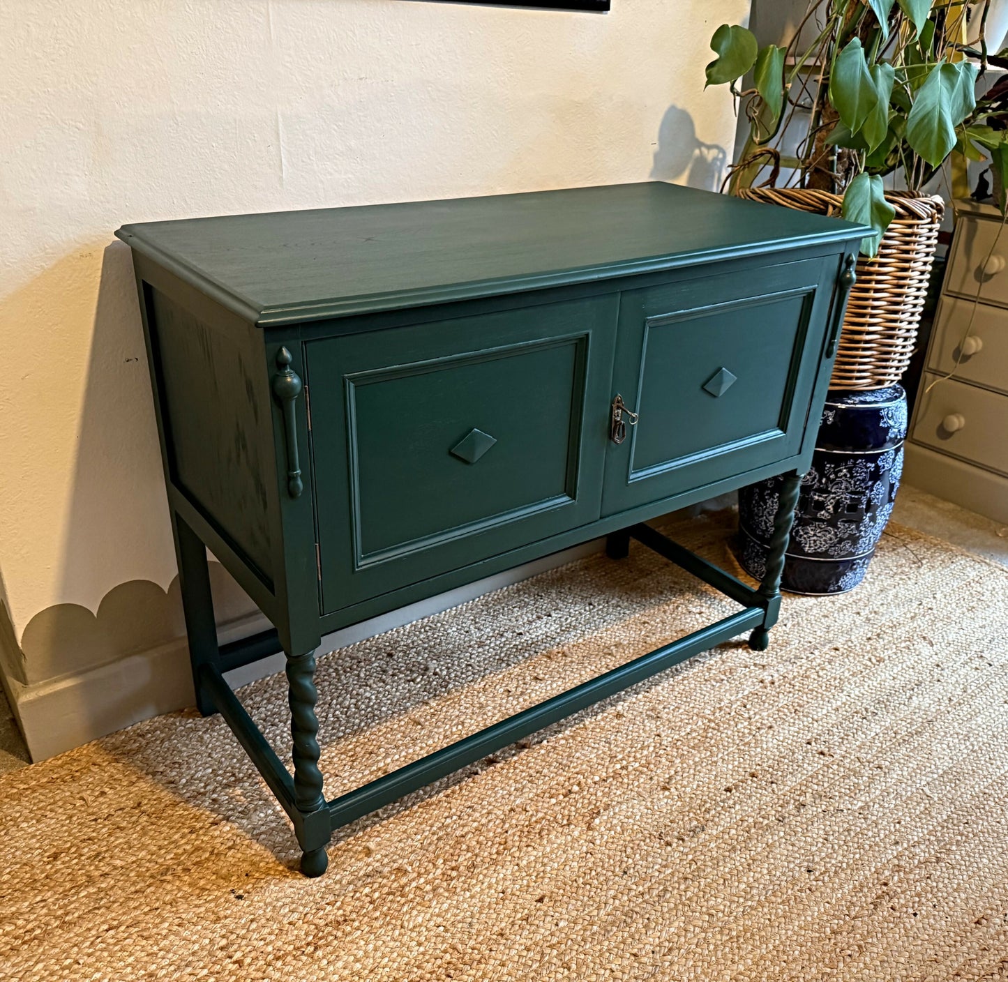 Newly refurbished Jacobean sideboard can sole table oak green antique
