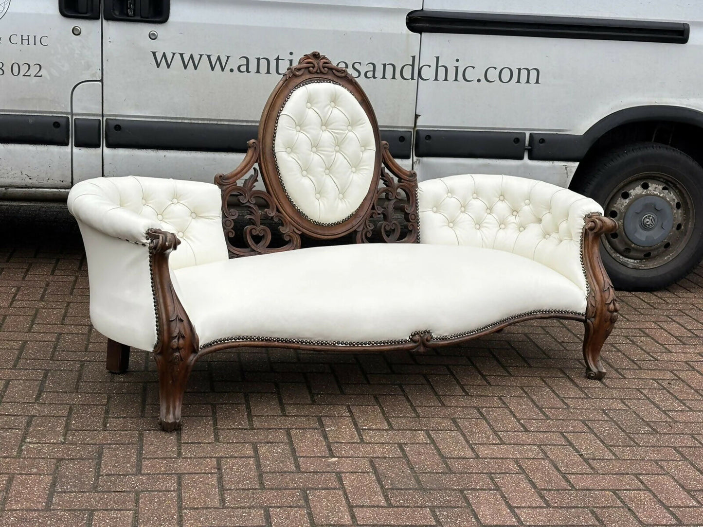 Victorian Sofa In White Leather, Walnut Show Frame, Cabriole Legs.