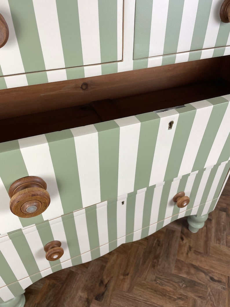 painted green and white Victorian pine chest of drawers with original solid oak handles