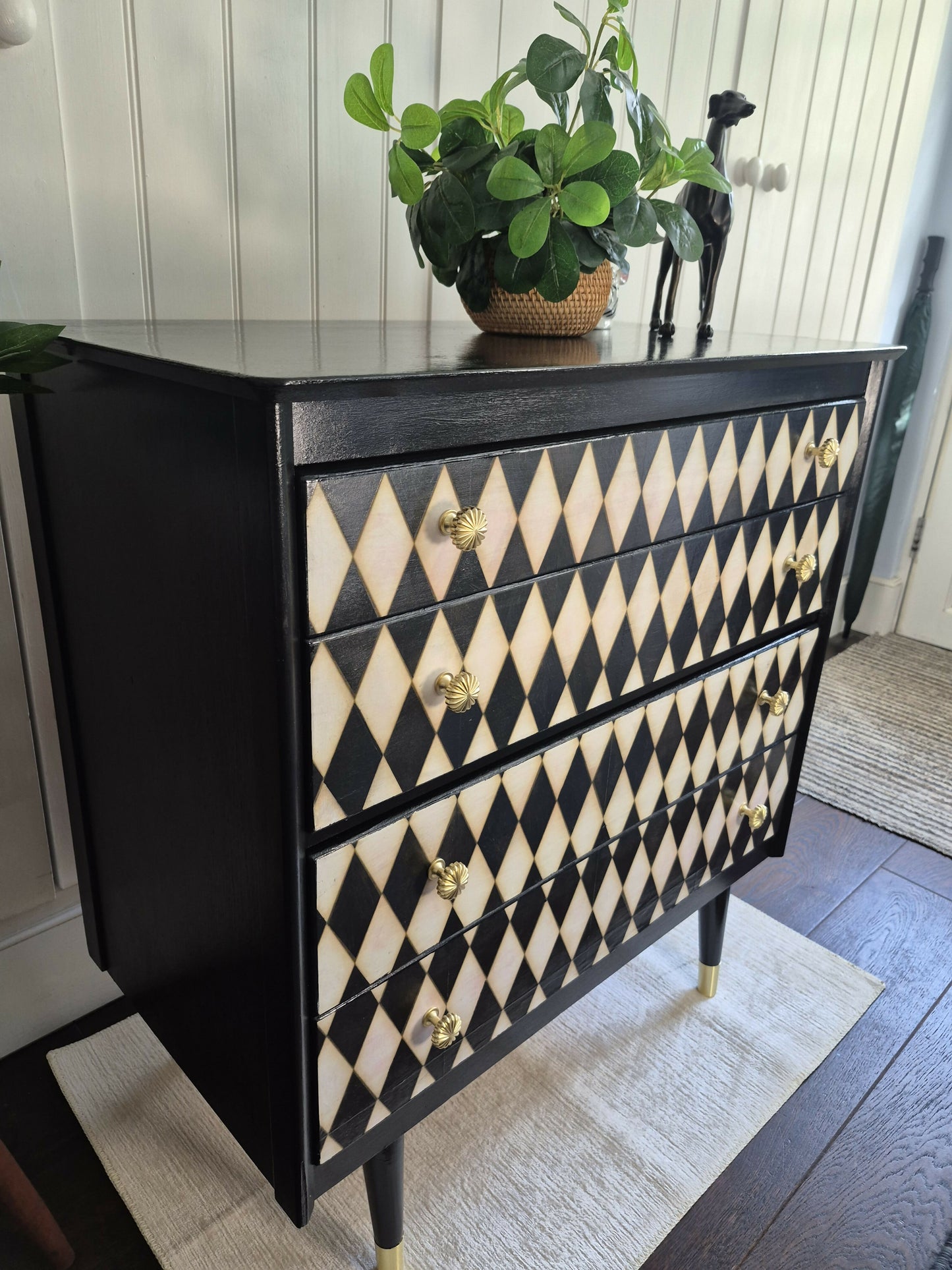 SOLD - Hand Painted Vintage Mid-Century Chest of Drawers Dresser Buffet Storage Black decoupage