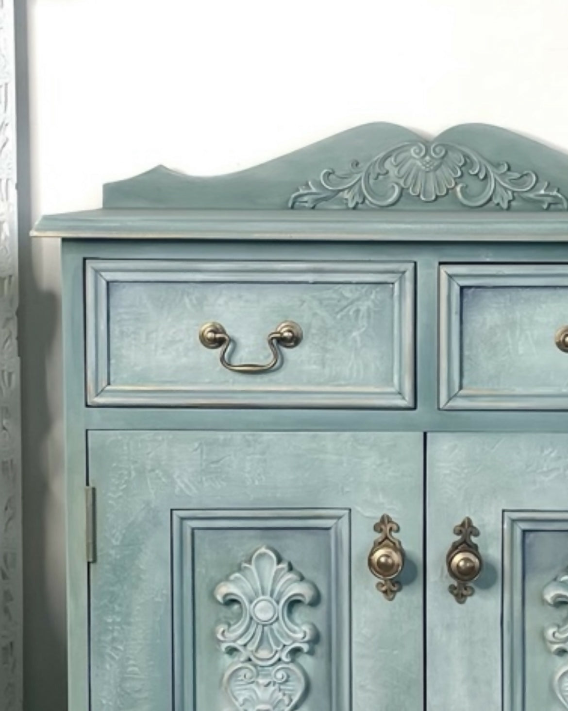 Vintage Solid Pine Cabinet | Hand Painted Duck Egg Blue Cupboard | Floral Decoupage Interior | UK Delivery Included