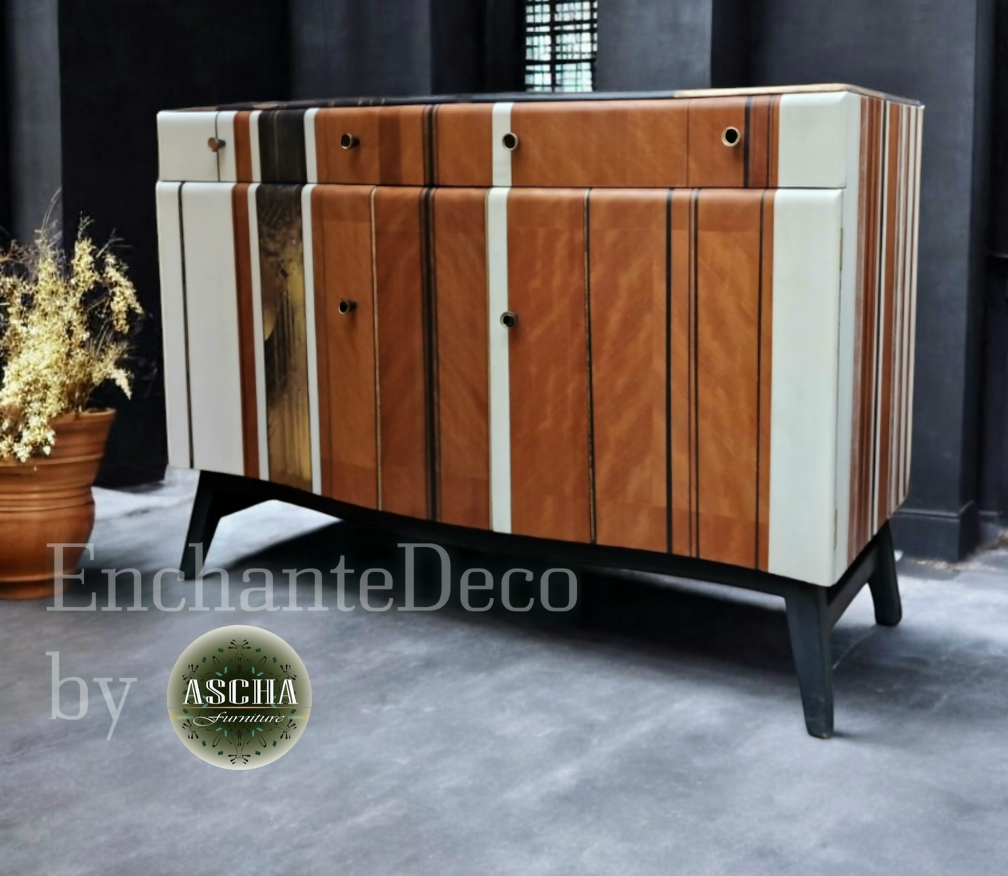 Mid-Century Modern MCM Bespoke Luxury Beautility Sideboard Drink Cabinet Modern black gold white stripes