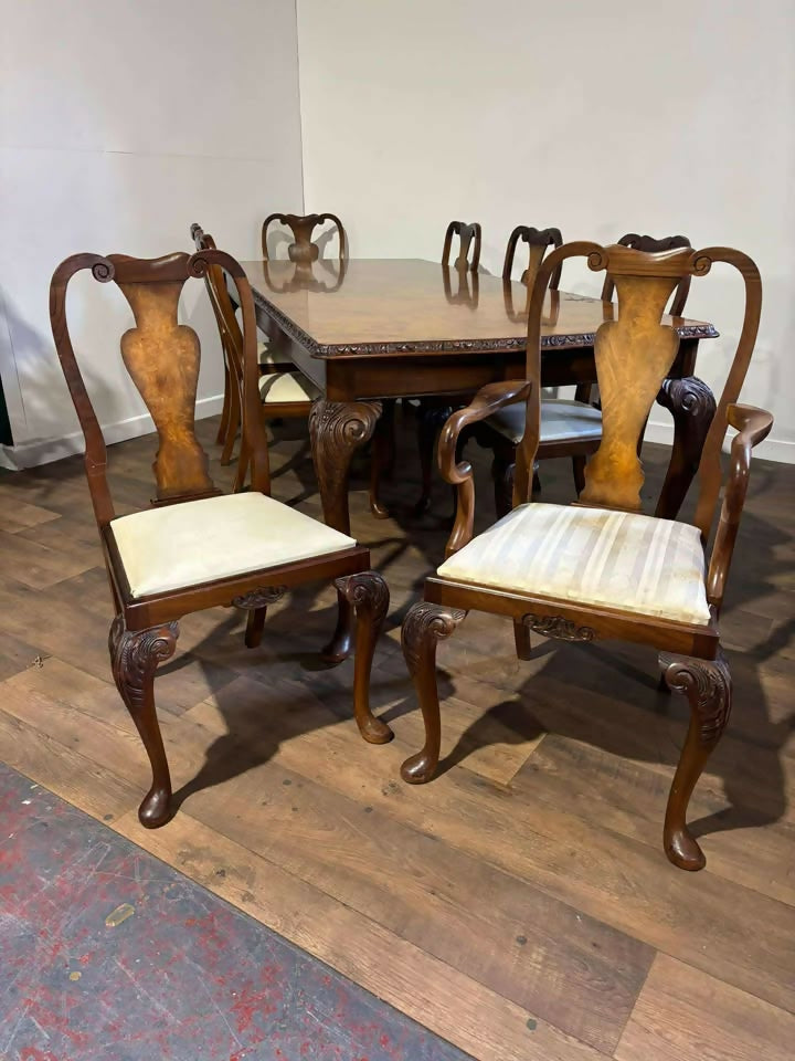 Large Burr Walnut Dining Table & Eight Queen Anne Style Chairsv