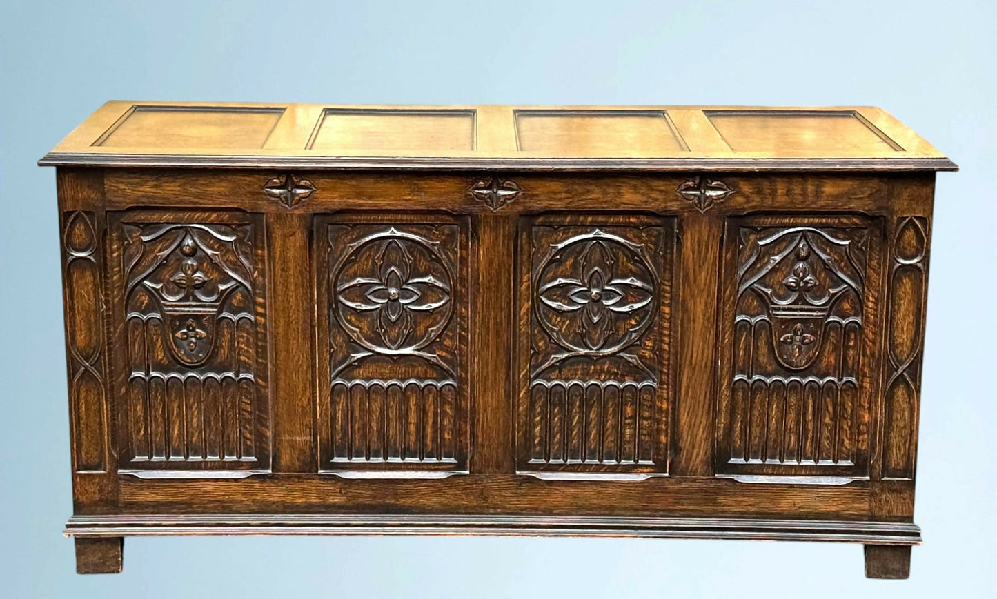 A Large Carved Oak Bedding or Blanket Box With Raised Linen Fold Panels