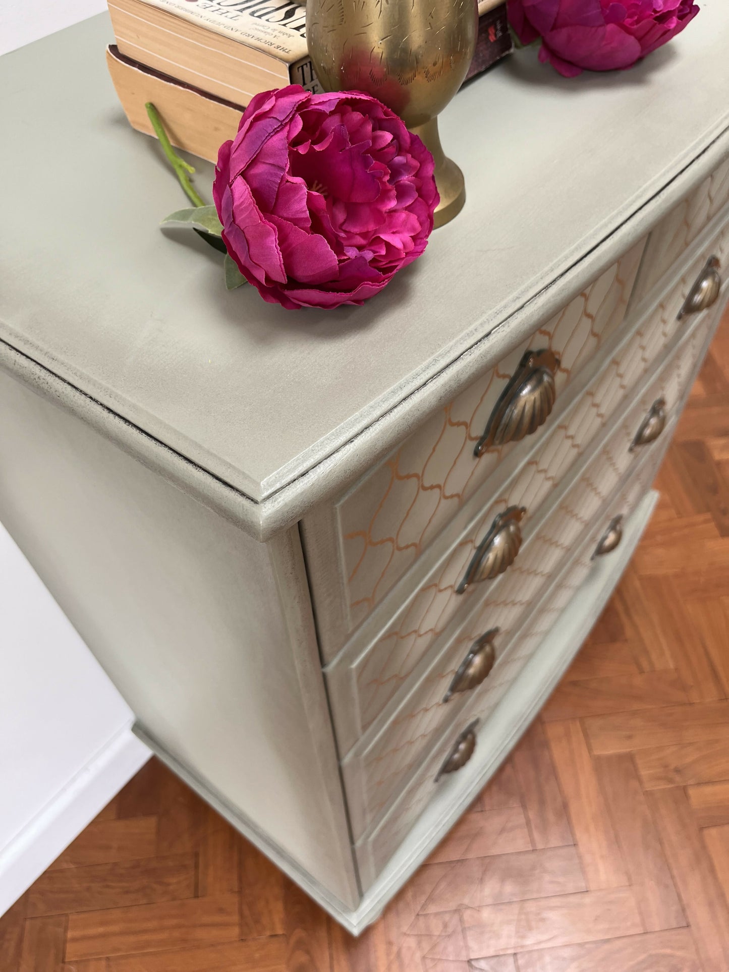 Vintage Pine Chest of Drawers Hand Painted in Green and Gold