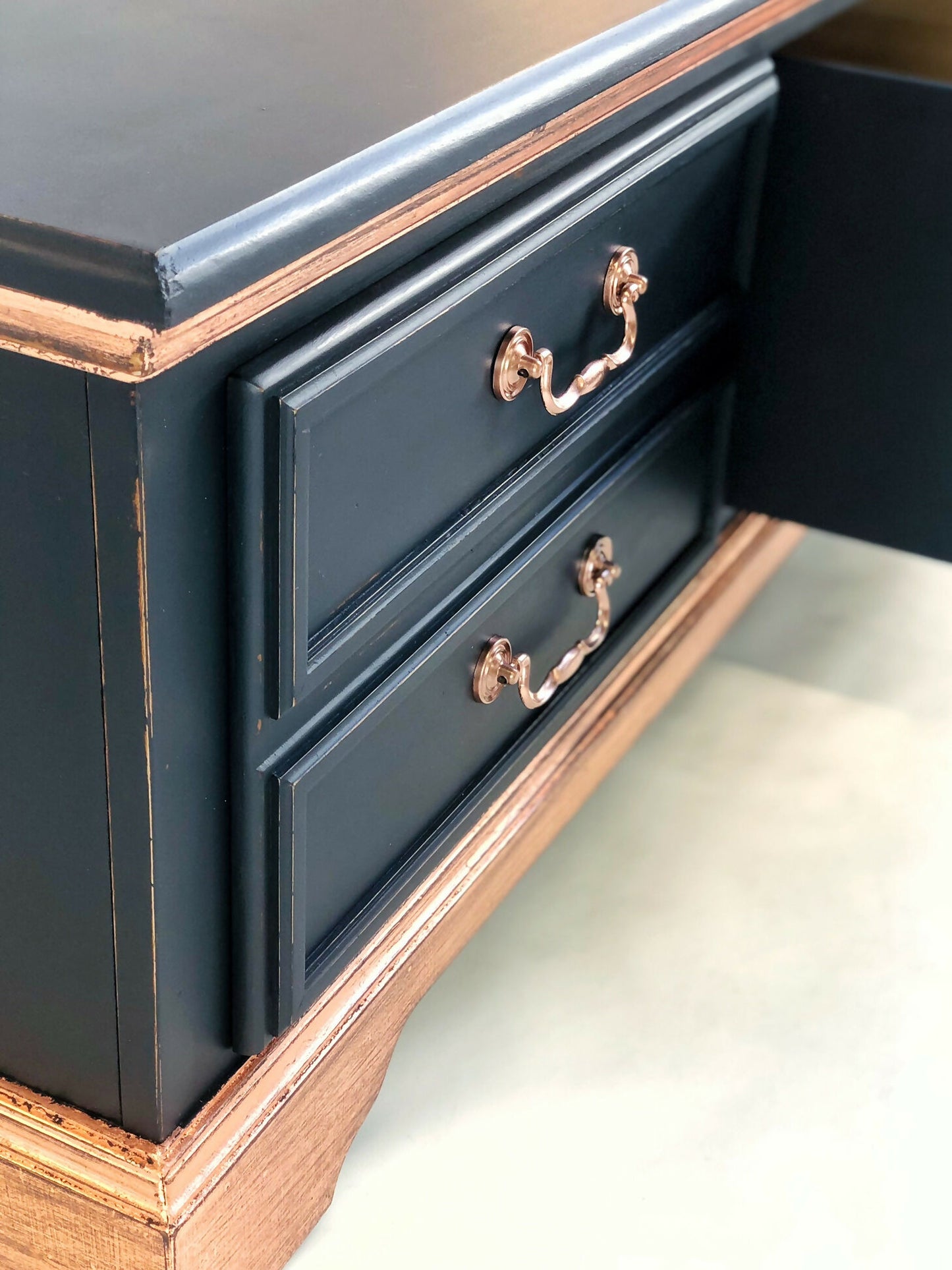 Stunning Navy And Copper Two Drawer Coffee Table