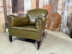 Vintage Edwardian Green Leather Armchair, c.1930