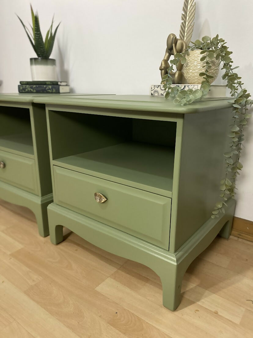 Pair of Stag 1 drawer, Sepal Green bedsides tables