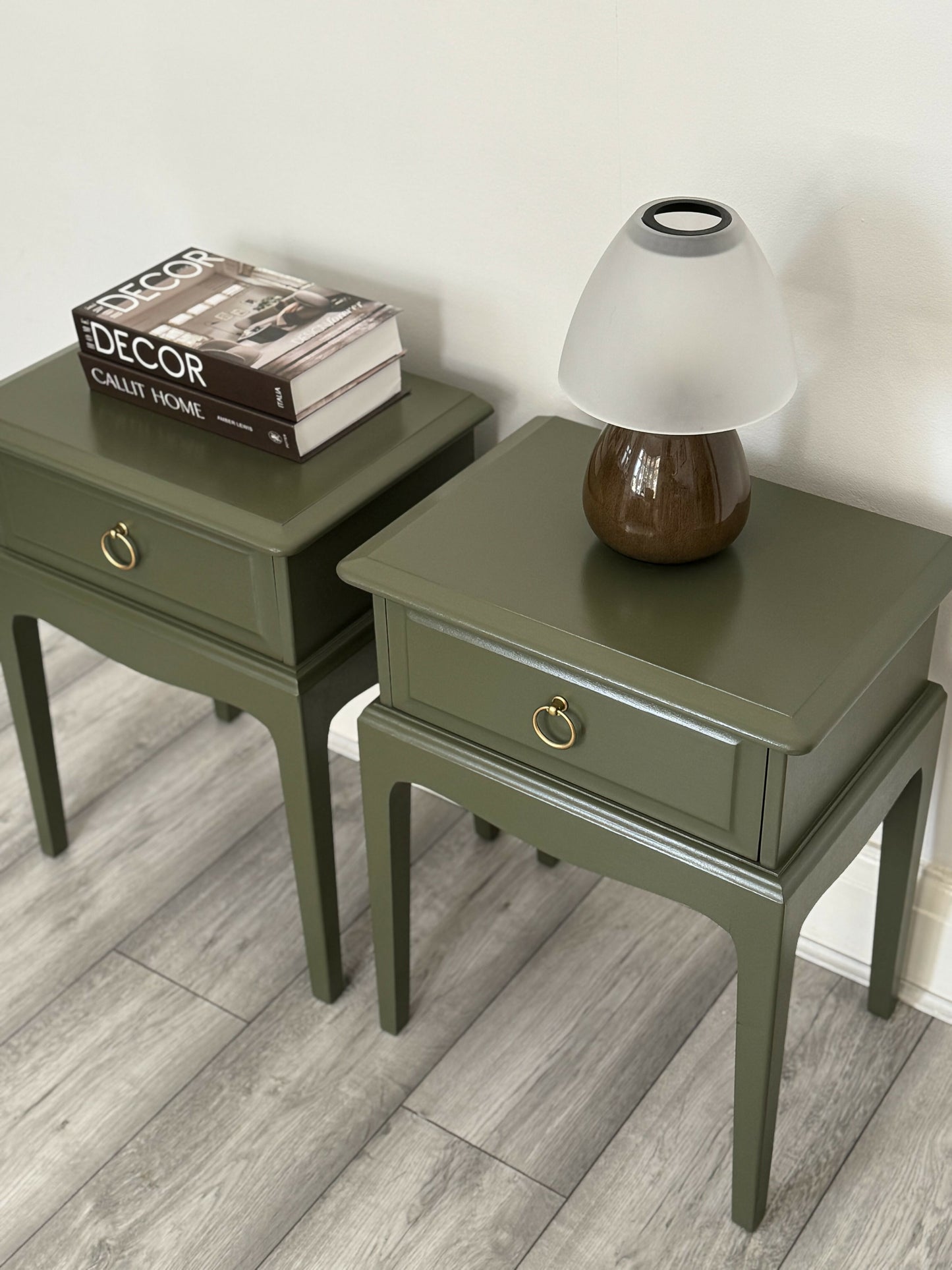 Pair Of Vintage Stag Minstrel Bedside Tables Cabinets Leggy ,Olive Green Elegance , Painted In Fusion Mineral Paint