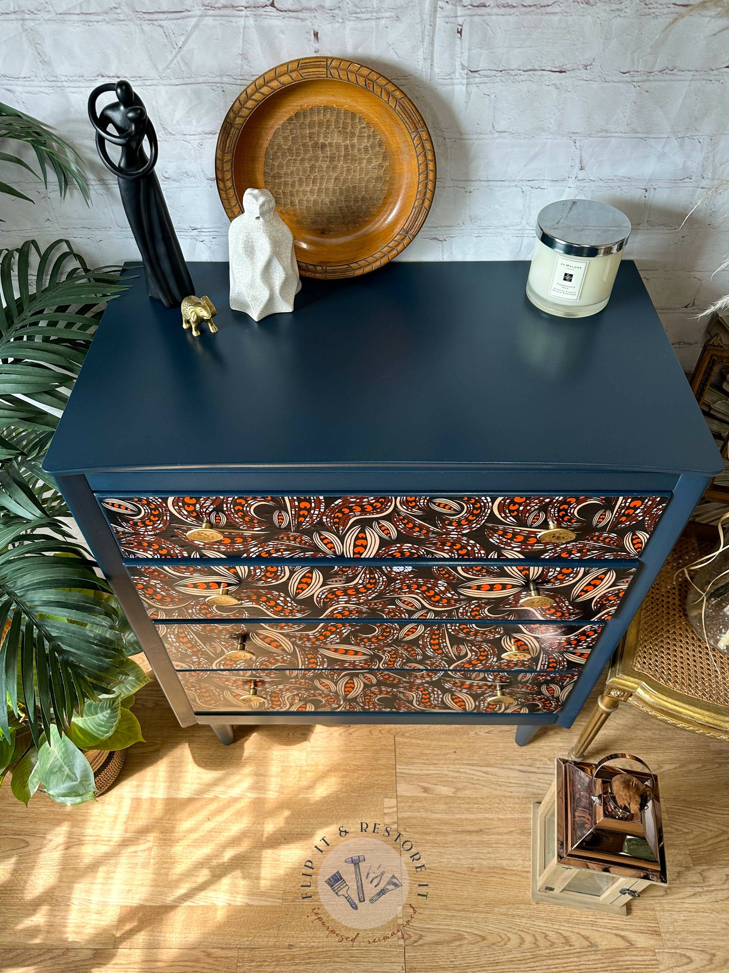 Harris Lebus MCM 4 Drawer Chest of Drawers Dresser Hand-Painted in Navy Blue