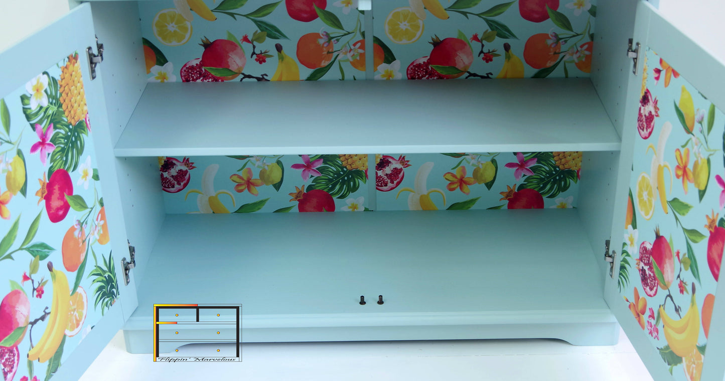 Vintage Pine Retro Sideboard, Teal Kitchen Cupboard Tropical Interior, 1970s Pastel Dopamine Decor Storage Unit, Yellow Cup Handles