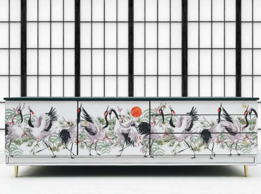 Upcycled Vintage Sideboard TV Console With Oriental Crane and Blossom Design