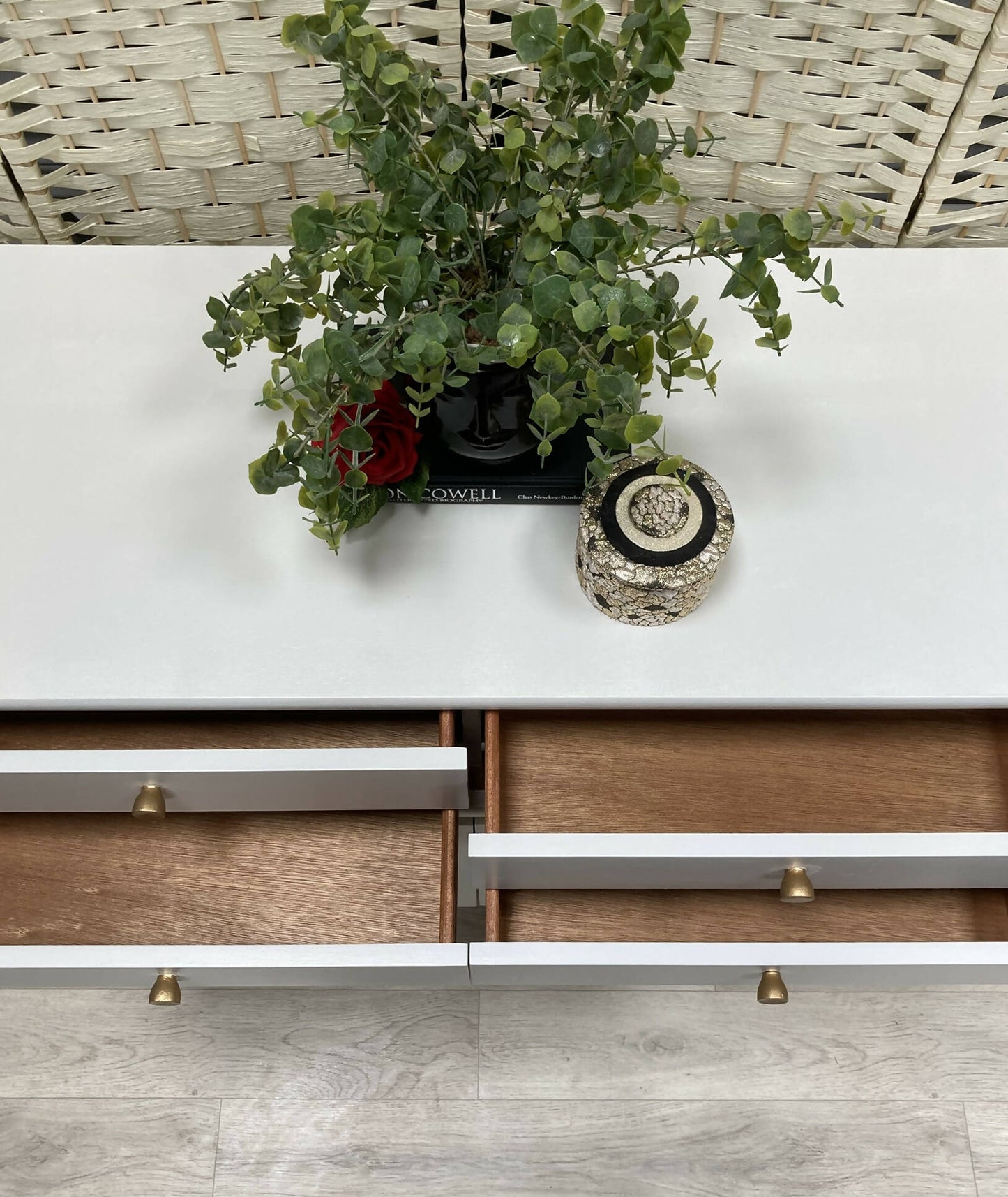 Nathan Squares White Sideboard with 4 Drawers and Large Cupboard. Painted in Wise Owl Enamel, colour Kashmir and gold (Harriet)