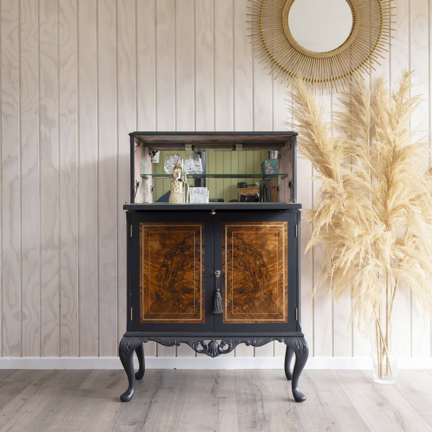 Cocktail cabinet in a beautiful combination of grey and dusty pink. Sold, commission available.