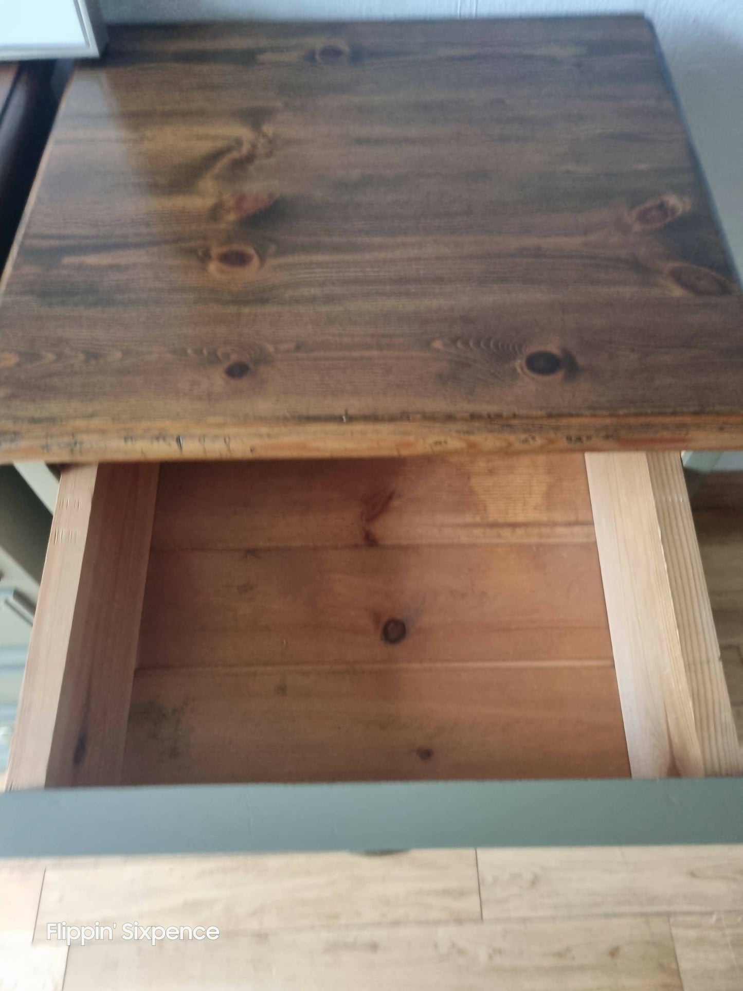 SOLD OUT Pair of Vintage Drawers finished in a Classic Hampton Olive Green with Stunning Wood Tops