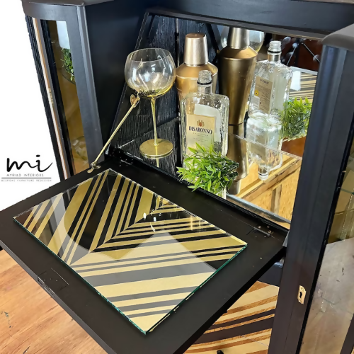 Refurbished vintage cocktail cabinet, black gold chevron, drinks bar, gin, upcycled bureau, sideboard display - commissions available