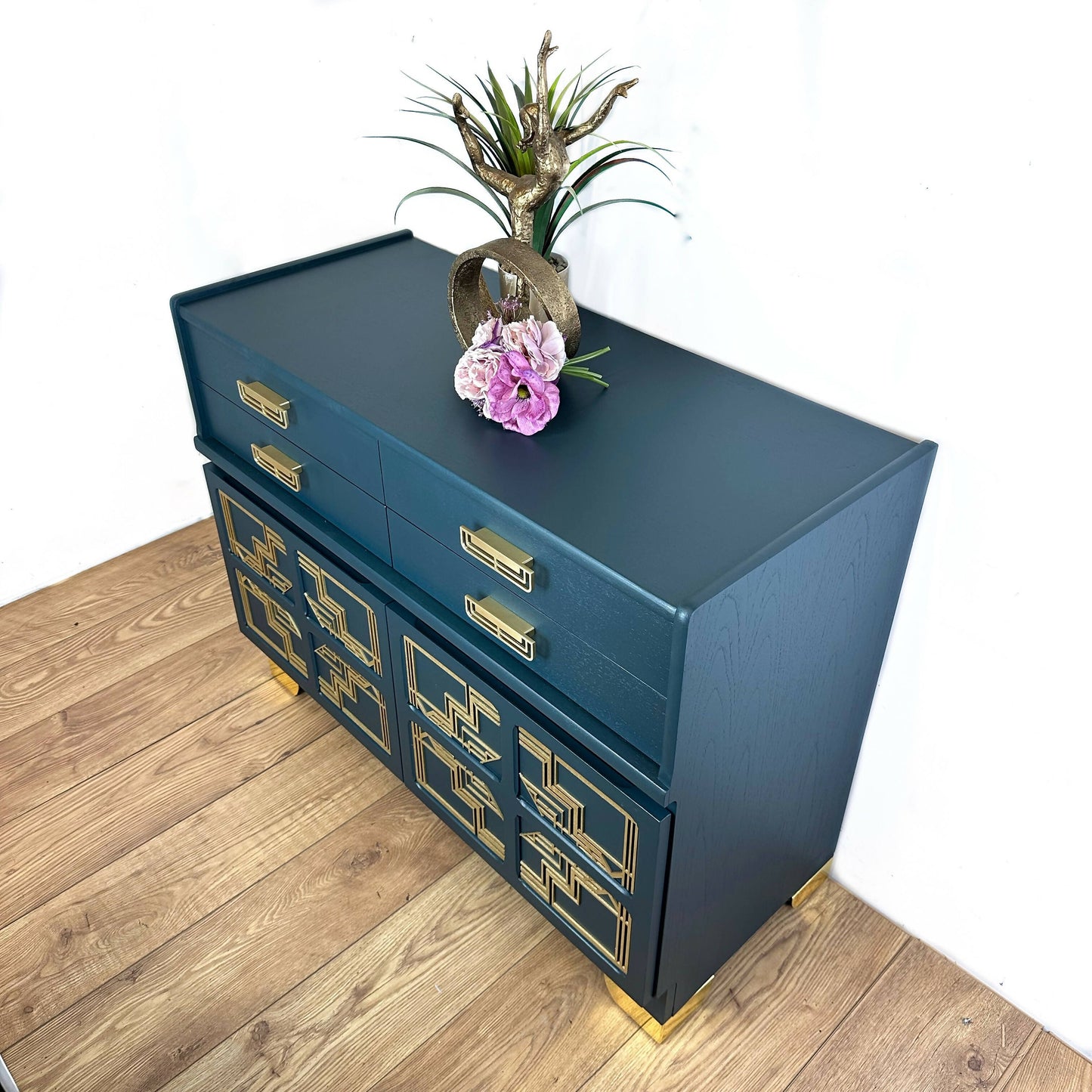 Nathan sideboard in deep teal, gold art deco, mid century, vintage, drink cabinet, media unit, dresser, cupboard, cocktail cabinet, navy blue retro