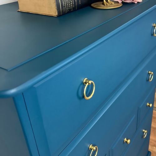 Deep teal vintage Stag Minstrel Tallboy chest of drawers, blue green, dresser, draws, upcycled, refurbished