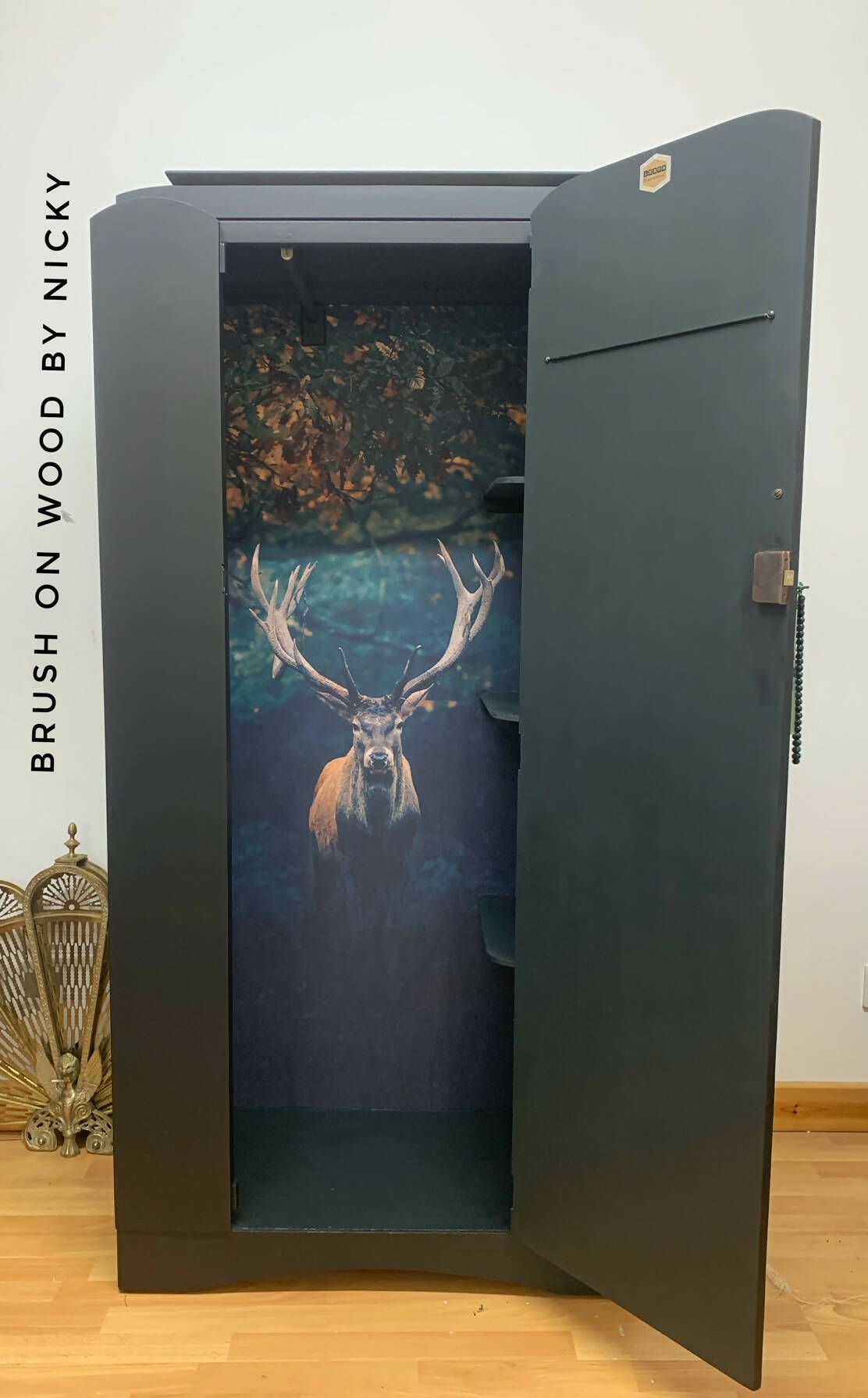 Mid Century LEBUS Black Wardrobe with Stag/Deer Design