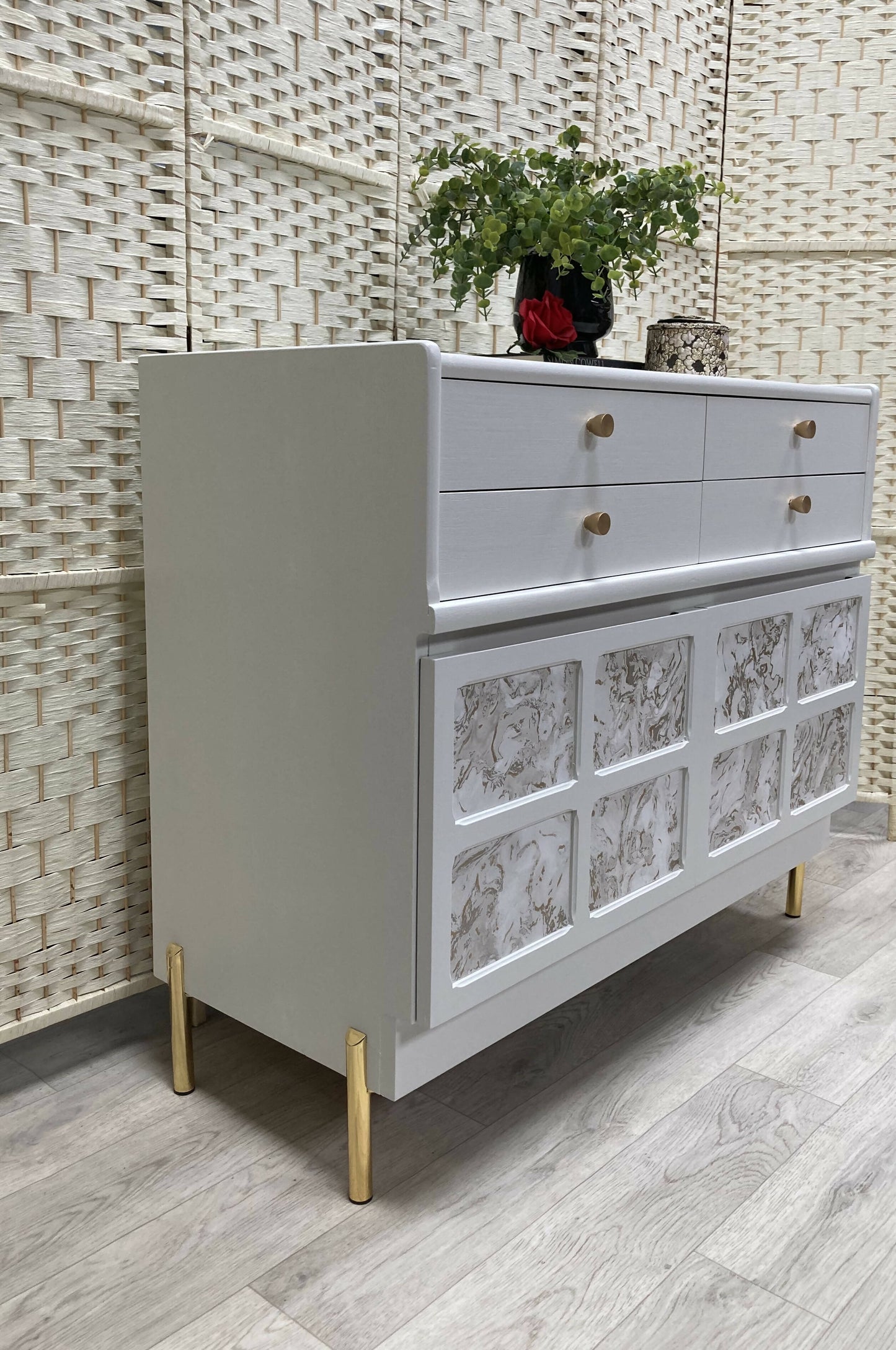Nathan Squares White Sideboard with 4 Drawers and Large Cupboard. Painted in Wise Owl Enamel, colour Kashmir and gold (Harriet)