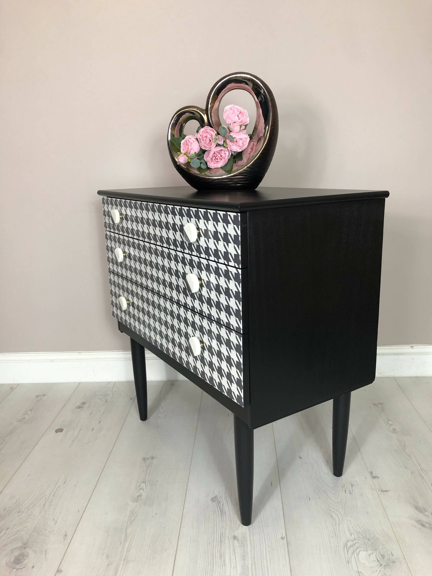 Schreiber Retro chest of 3 drawer/ Side table, Hand painted in black satin colour, Decoupaged with dogtooth pattern/ Marble handles