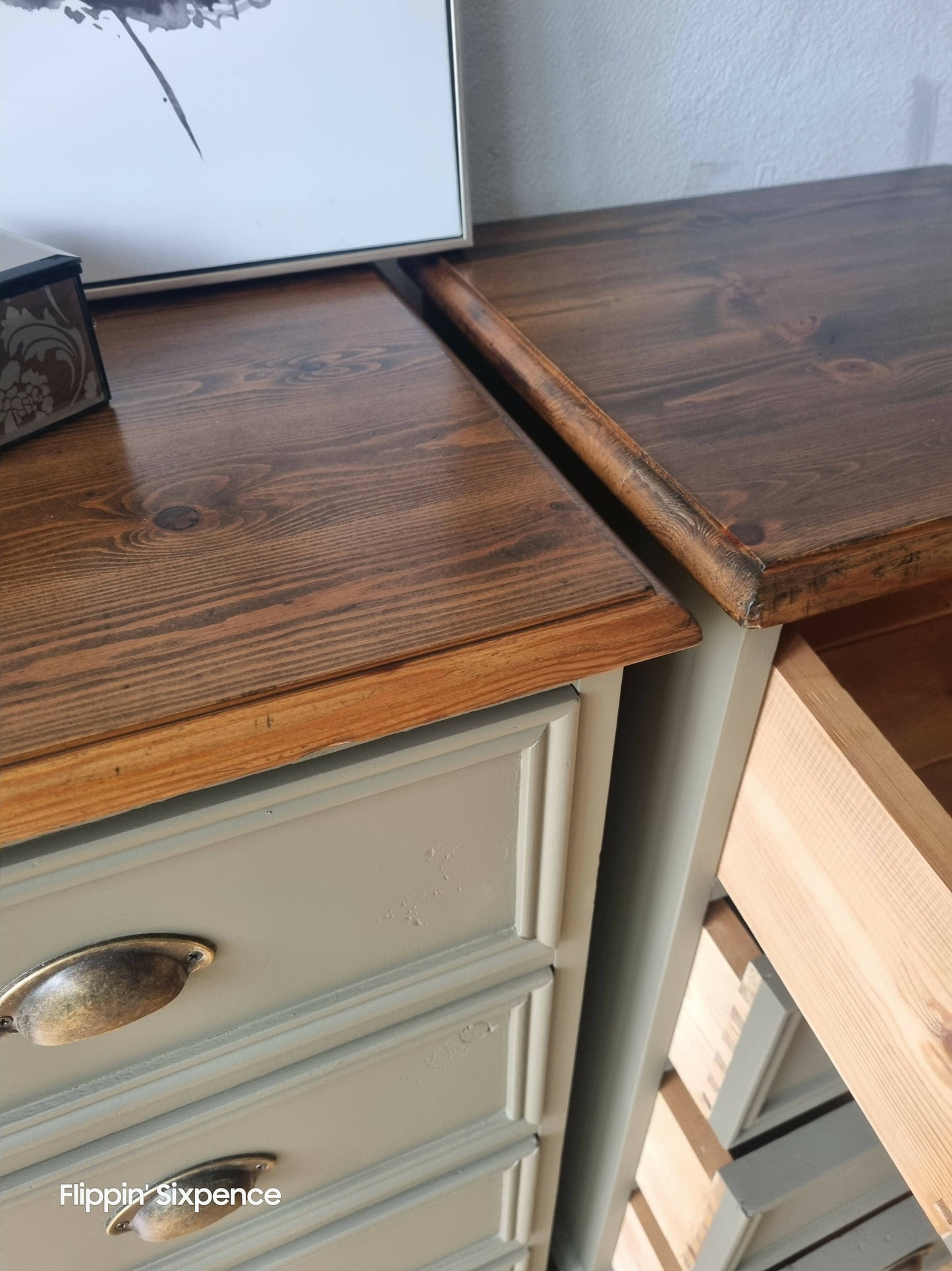 SOLD OUT Pair of Vintage Drawers finished in a Classic Hampton Olive Green with Stunning Wood Tops