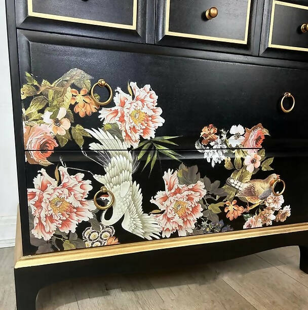 Stag Tallboy Chest of Drawers in Black and Gold Chinoiserie