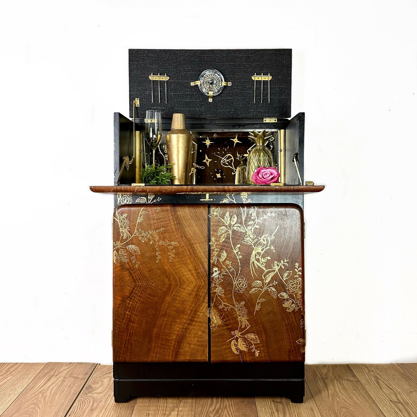 Petit Refurbished art deco cocktail cabinet, vintage black and gold drinks cabinet, birds, sideboard, dresser, gin bar, hand painted,