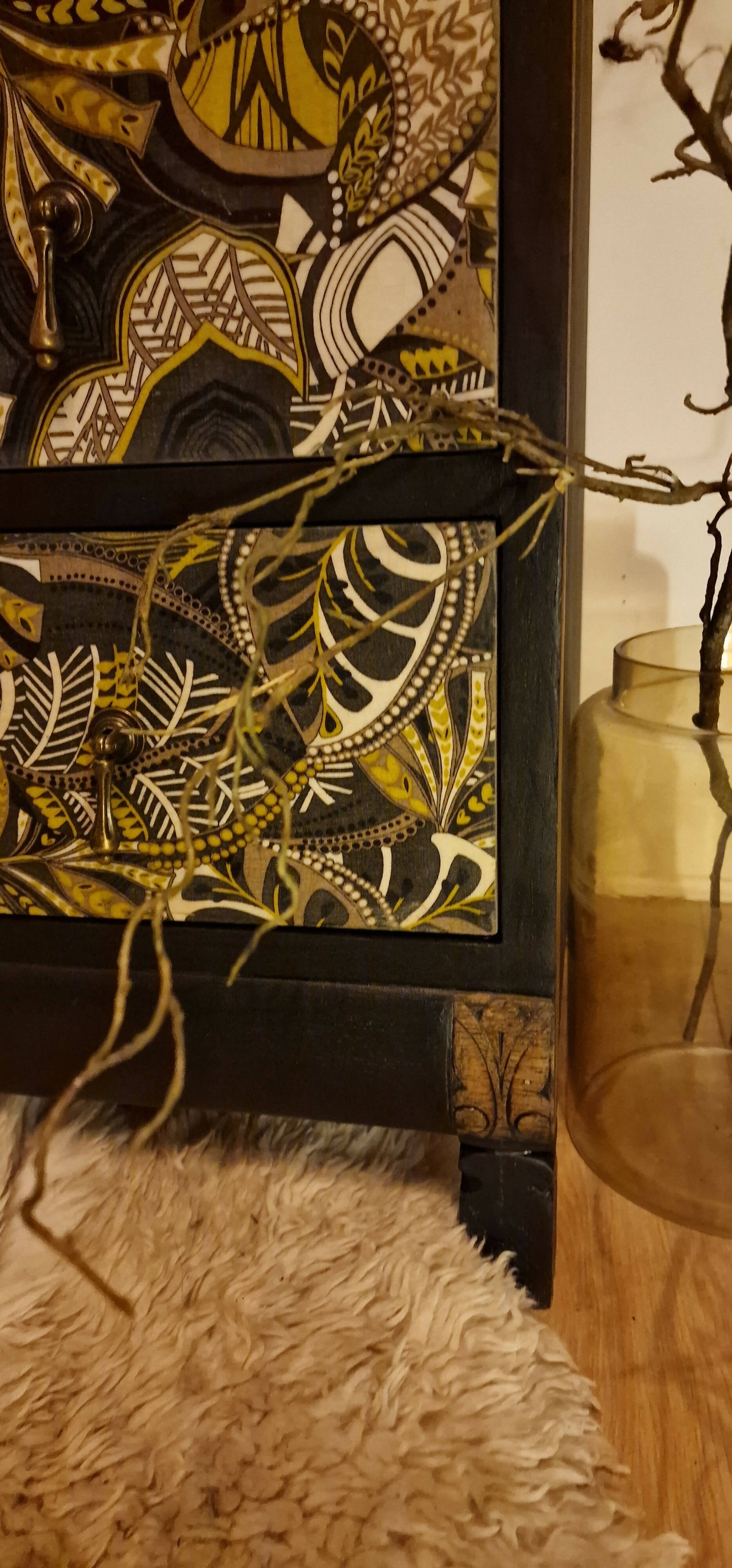 *Sold* Bespoke Modern Vintage Chest of Drawers Hand painted, Fabric Decoupage Black and Mustard