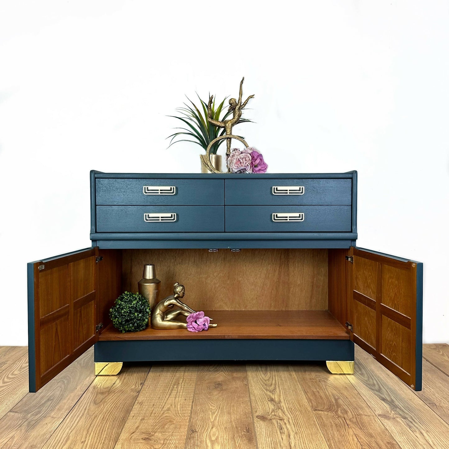 Nathan sideboard in deep teal, gold art deco, mid century, vintage, drink cabinet, media unit, dresser, cupboard, cocktail cabinet, navy blue retro