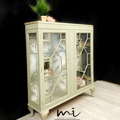 Made To Order - Vintage display cabinet, glass, pale sage green and gold. Drinks cocktail cabinet, sideboard, cupboard - commissions available
