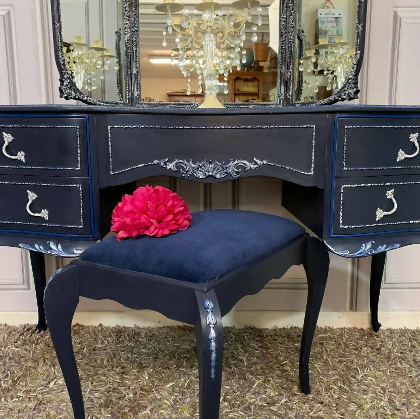 Navy Blue Gothic Carved Dressing Table With Mirror