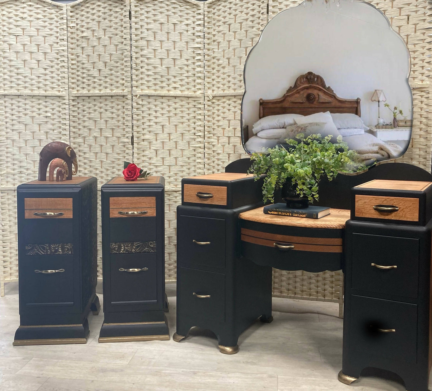 SOLD! Art Deco Vintage Bedside Tables, in Black and Bronze