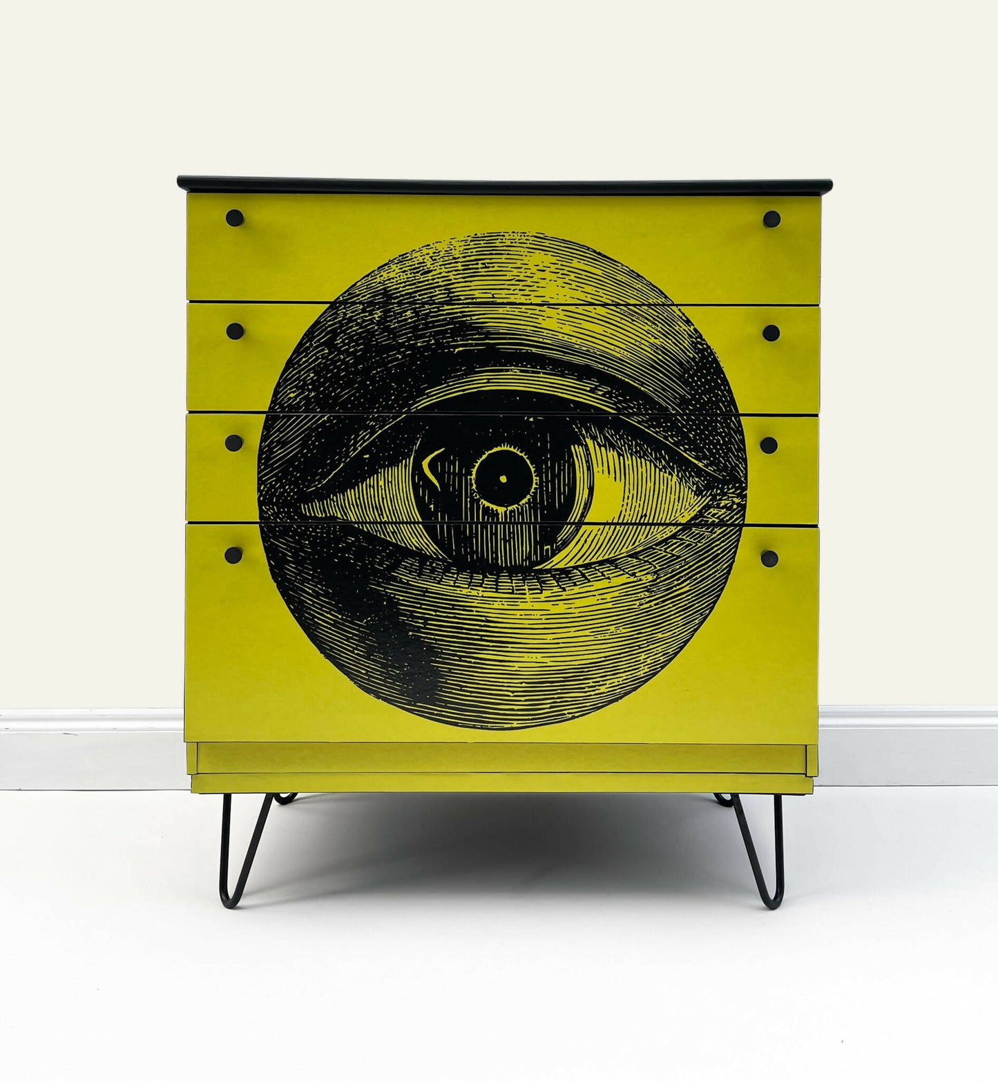 Bespoke Mid-Century Modern Chest of Drawer With Retro Eye Design in Yellow Background. Vintage Painted Chest of Drawer.