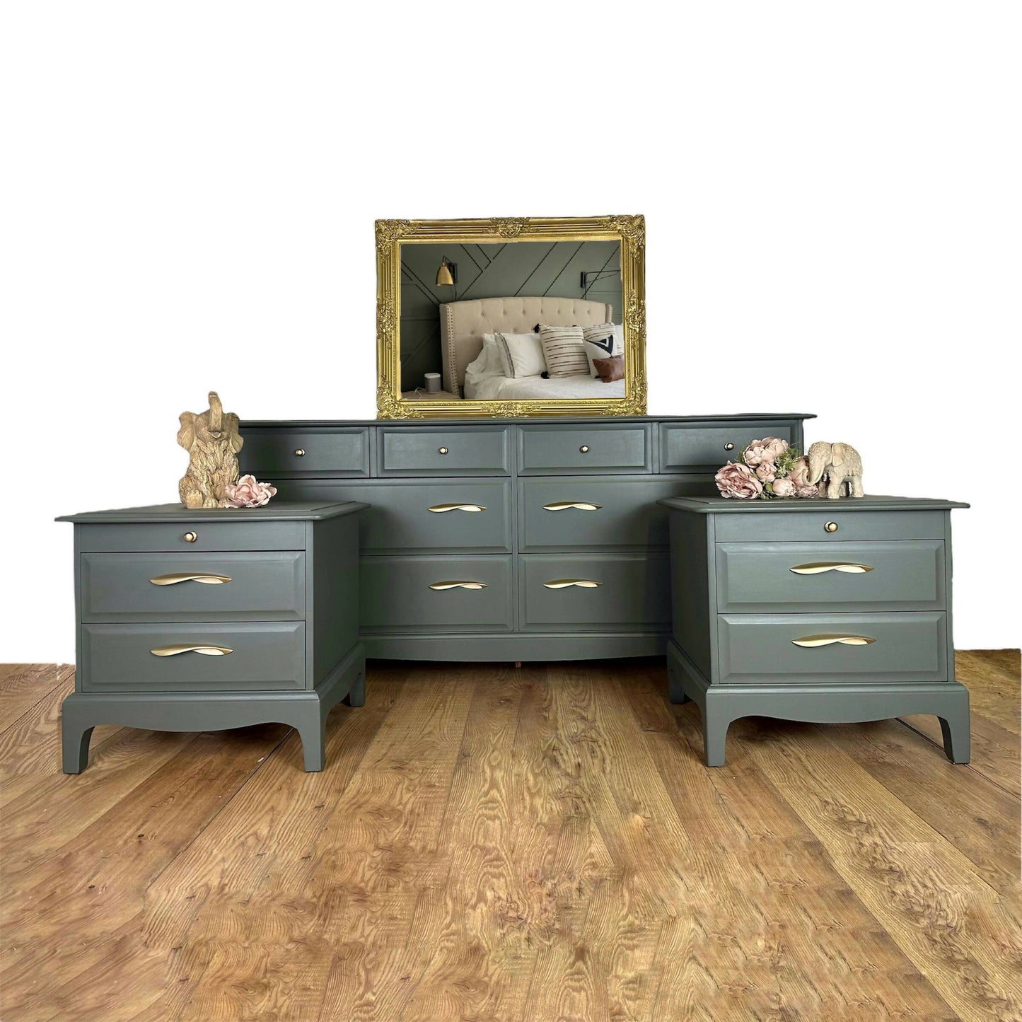 Refurbished Stag Minstrel bedside tables in olive green, vintage nightstands, upcycled, handprinted, drawers, dresser, chest, bedroom, pair