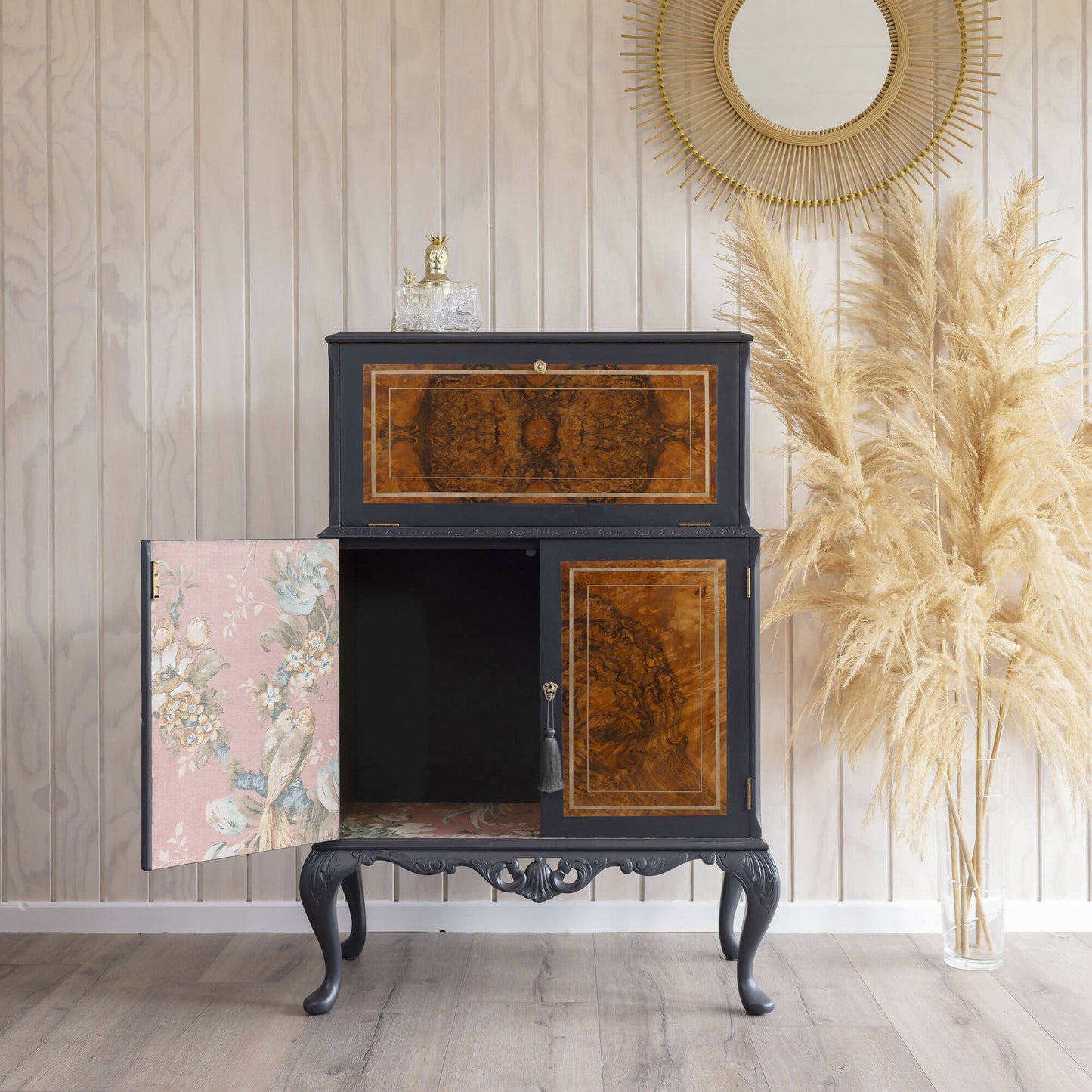Cocktail cabinet in a beautiful combination of grey and dusty pink. Sold, commission available.