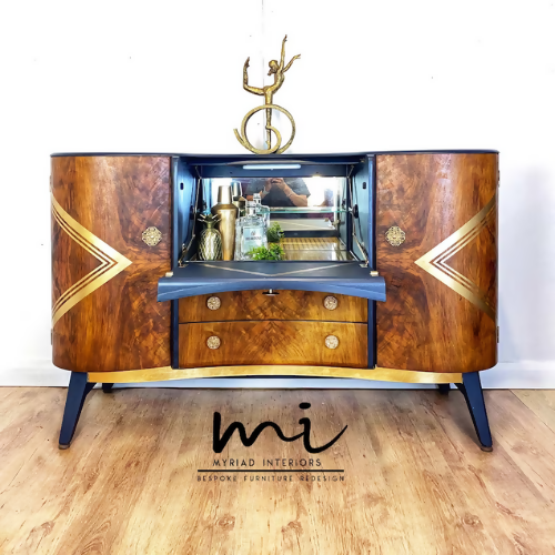 Refurbished vintage Beautility cocktail cabinet, Art Deco, hand painted, drinks cabinet, gin bar, burr walnut - commissions available -