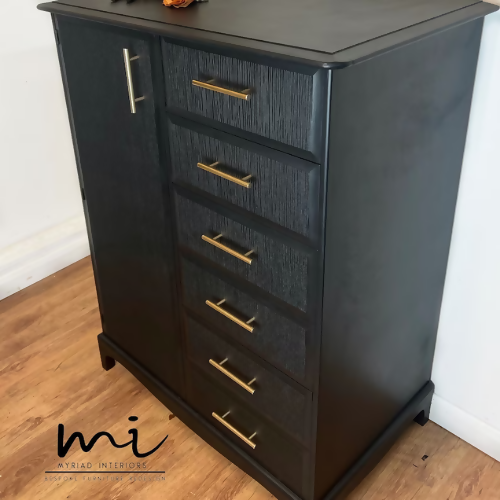 Refurbished vintage stag minstrel wardrobe, dresser, drawers, upcycled, black, gold, decoupage