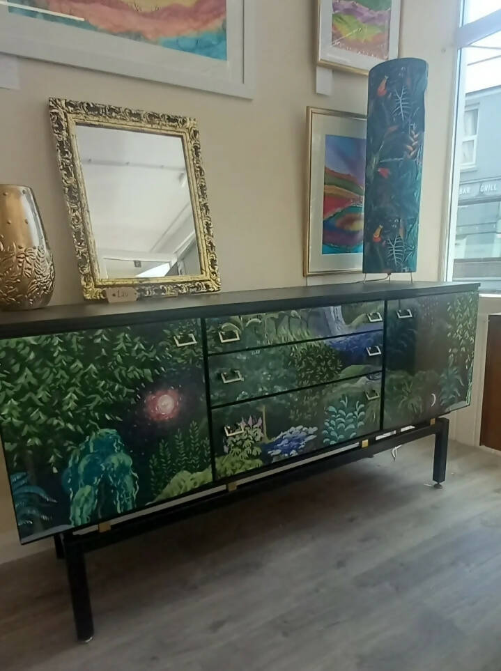 Midcentury Sideboard Black Nature Trees Print. Upcycled Painted Living Room