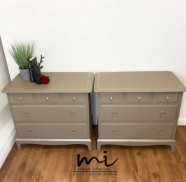 Pair of refurbished Stag Minstrel oversized bedside tables chest of drawers nightstands deep taupe silver neutral mid century modern
