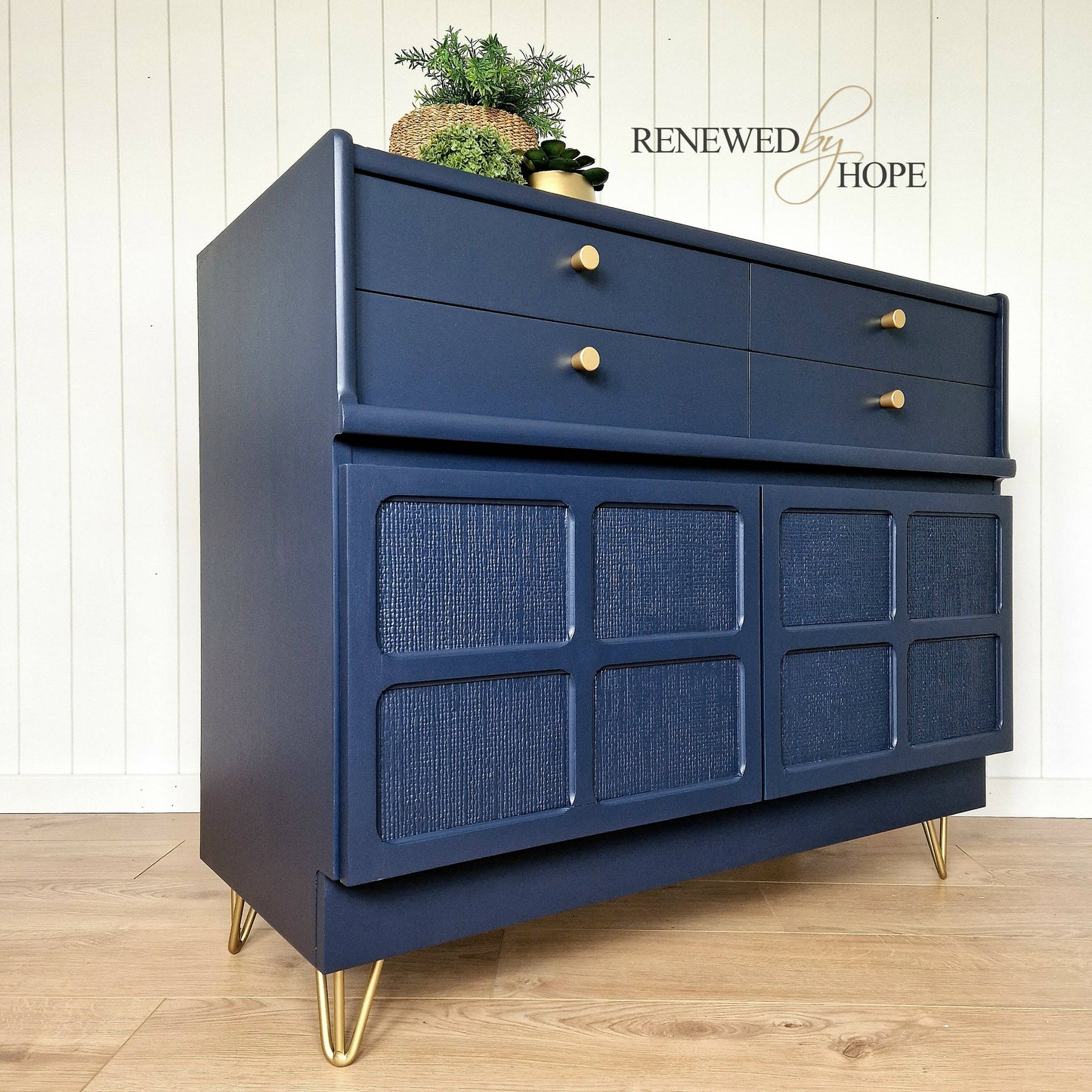 MADE TO ORDER - Navy Blue Squares Sideboard Gold Hairpin legs, woven design, MCM Storage