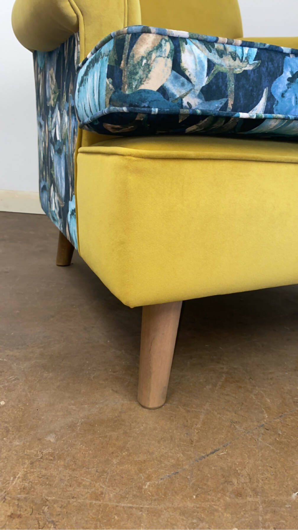 Ochre velvet floral reupholstered Armchair