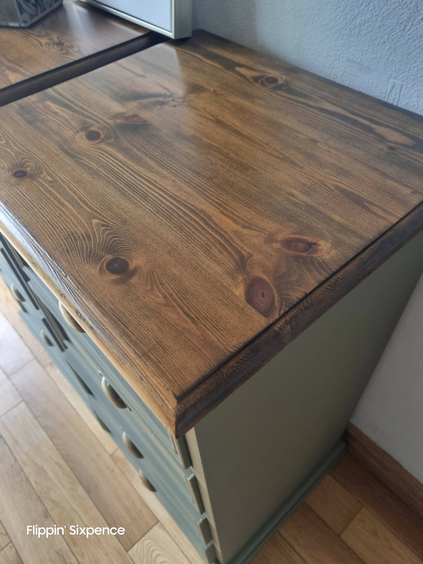 SOLD OUT Pair of Vintage Drawers finished in a Classic Hampton Olive Green with Stunning Wood Tops