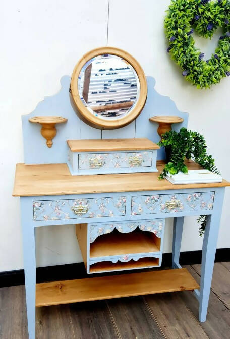 Hand Carved Blue Hall Table With Mirror