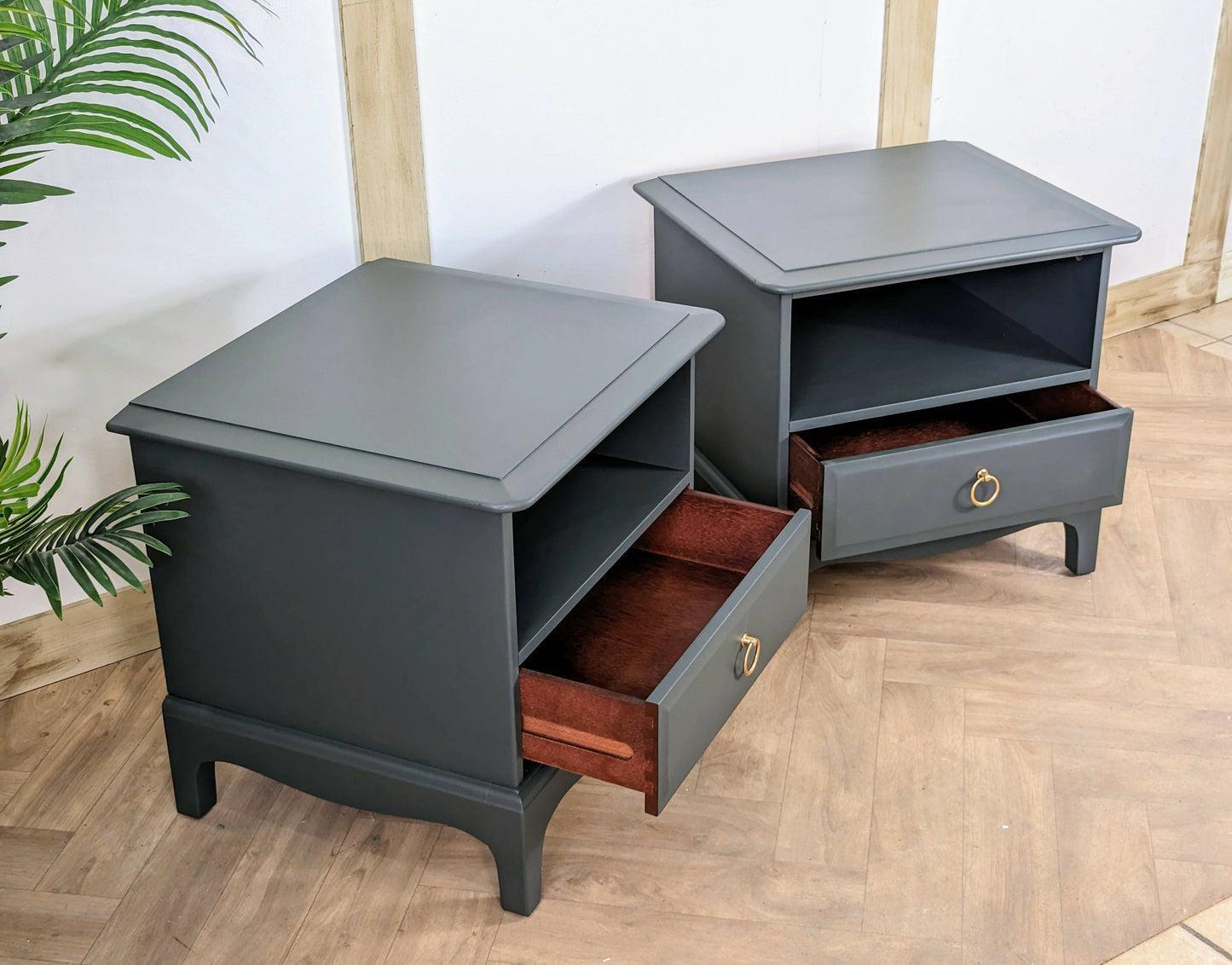 Stag Bedside Tables, spray painted Dark Green Gold bedside drawers, Stag Minstrel nightstands