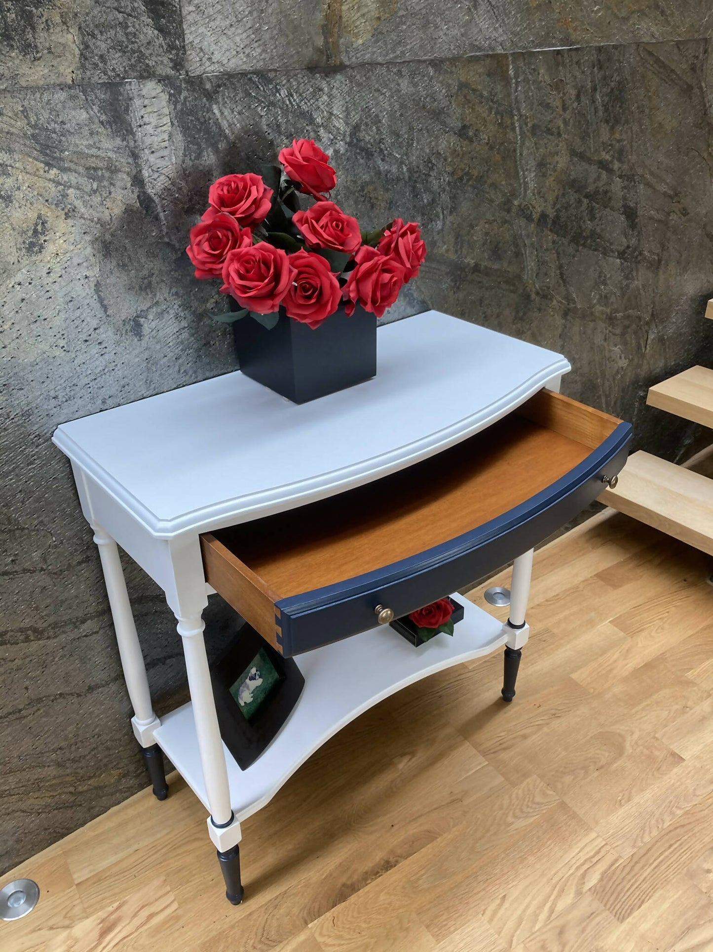 Vintage console table. Hallway table hand painted in Wise Owl Enamel colours white and navy (Eliza)