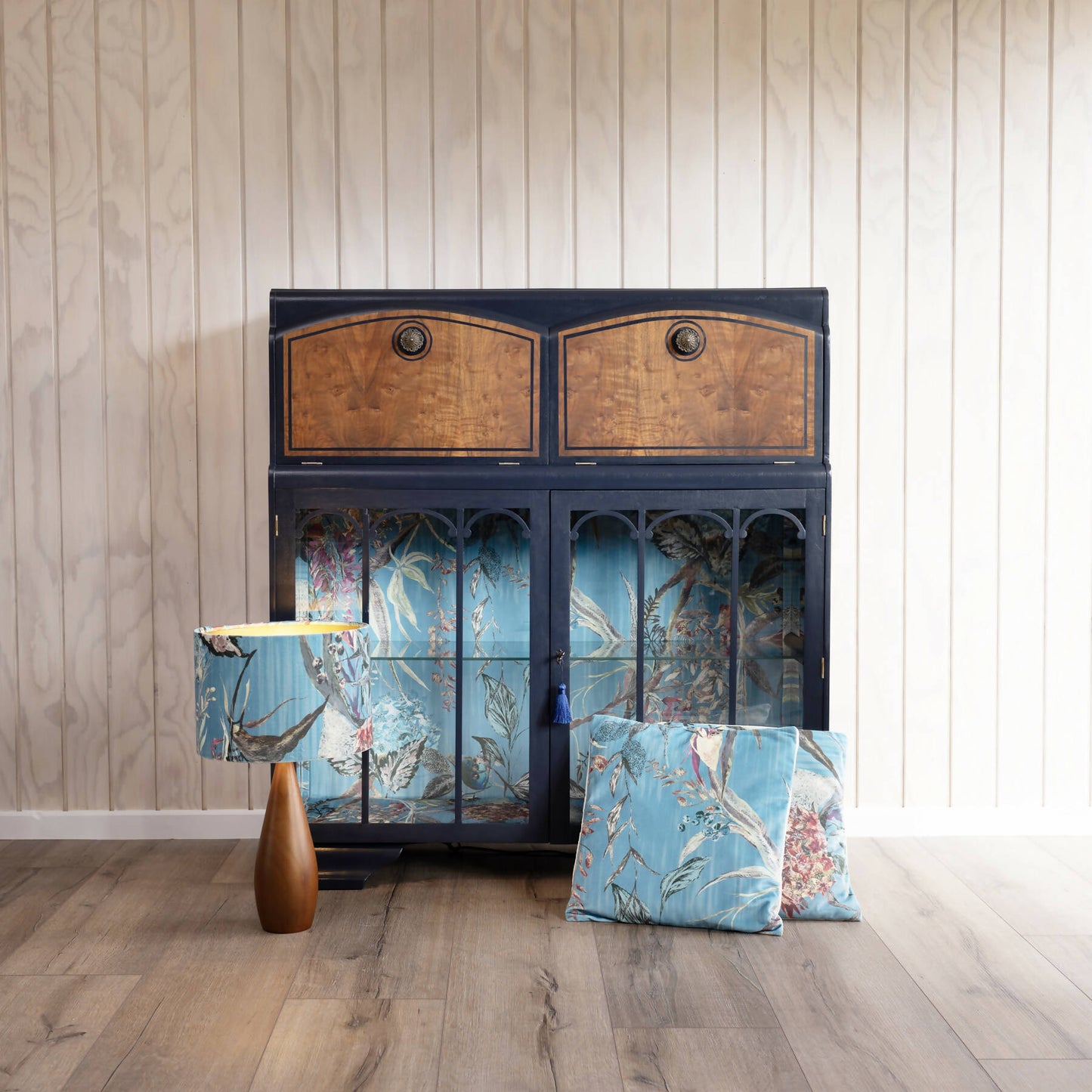 Available: One of a kind blue vintage cocktail cabinet, vintage drinks cabinet, cocktail bar, desk and drinks cabinet combined.