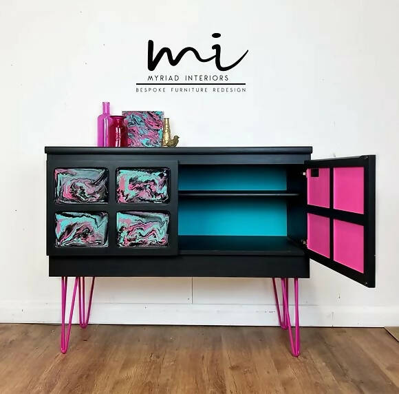 Maximalist Resin Poured Nathan sideboard, cocktail drinks cabinet, cupboard, black, bright pink, TV media unit