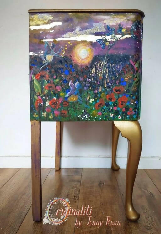 vintage record cupboard hand-painted, wooden, gin cabinet, drinks cabinet, hand-painted, bohemian style, original artwork, Peter Pan, fairy