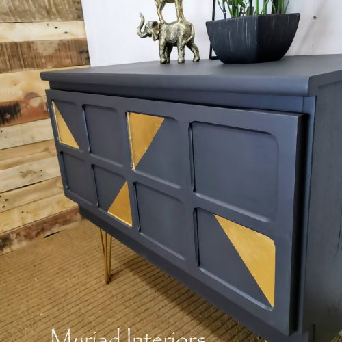Made To Order - Mid Century Nathan Sideboard, console, cocktail cabinet, storage, cupboard. Dark grey and gold metal leaf, hairpin legs